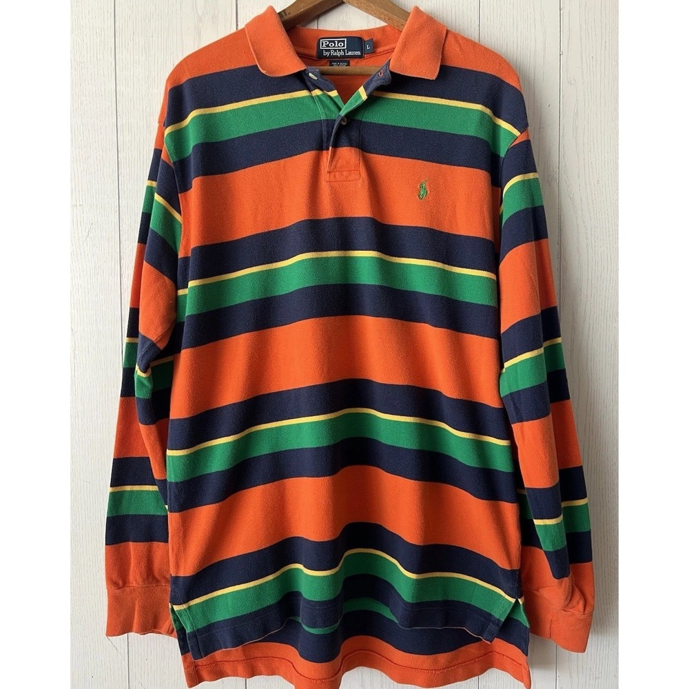 Polo Ralph Lauren Vintage Long Sleeve Polo Shirt L Orange Green Stripe 90s Rugby